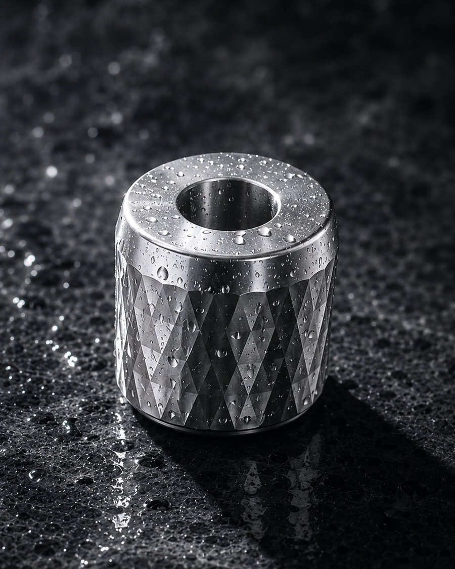 The SteelDock aluminium razor stand on wet stone, its faceted body beaded with water