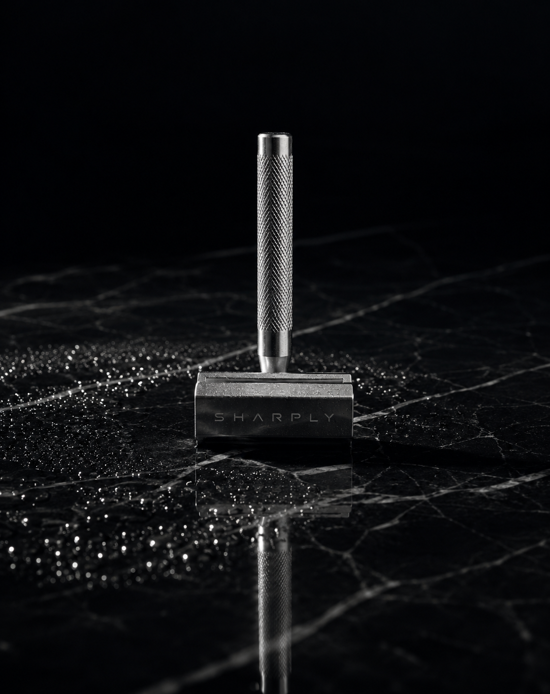 Sharply Blade One standing upright on wet black marble, the SHARPLY wordmark engraved on the stainless steel head