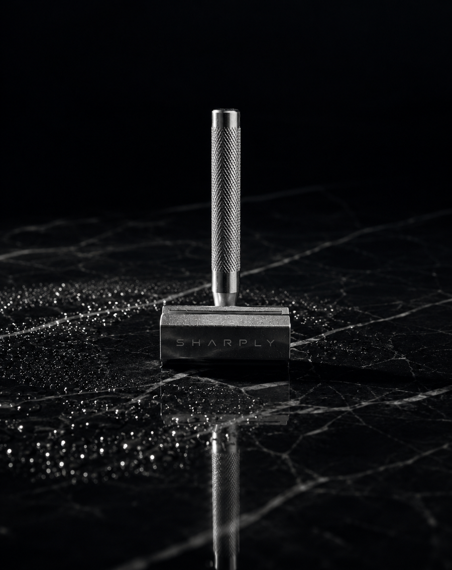 Sharply Blade One standing upright on wet black marble, the SHARPLY wordmark engraved on the stainless steel head