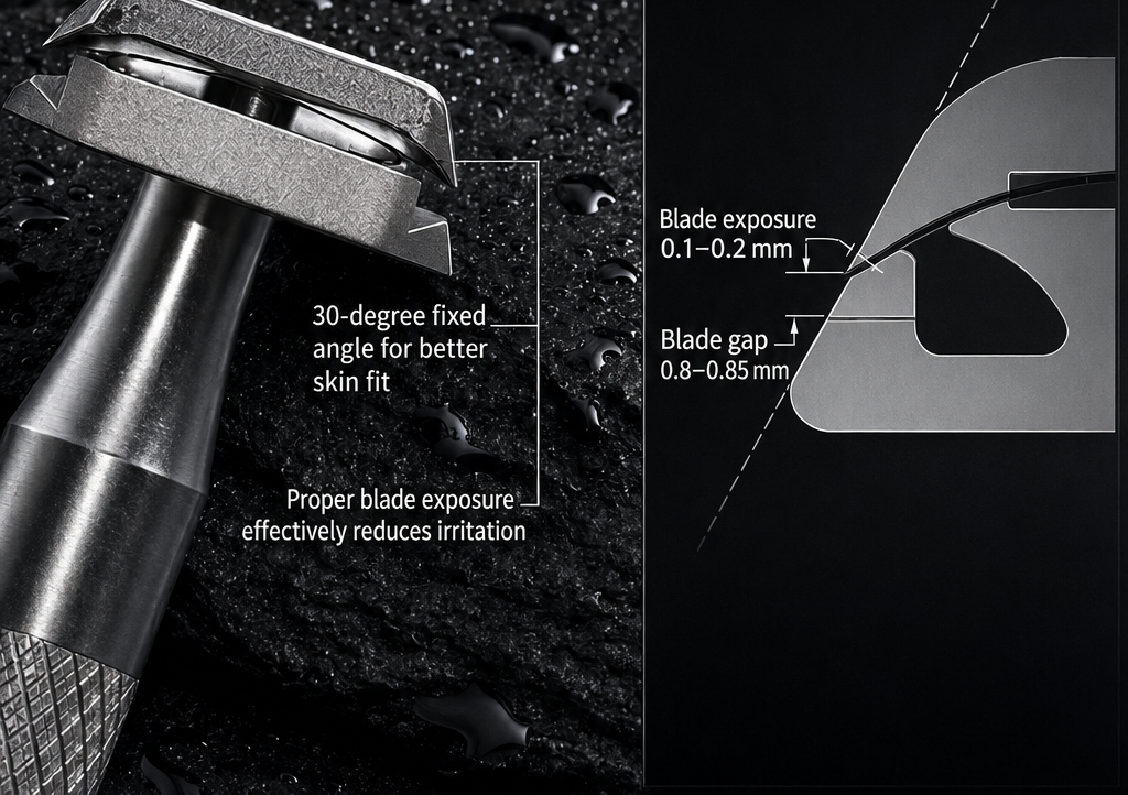 Diagram of the Blade One head: a fixed 30-degree blade angle, 0.1 to 0.2 mm of blade exposure and a 0.8 to 0.85 mm blade gap